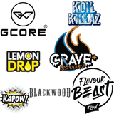 Assorted vape brand logos including GCORE, Koi Killaz, Lemon Drop, Crave Disposable, Kapow!, Blackwood, and Flavour Beast for Canadian vape store
